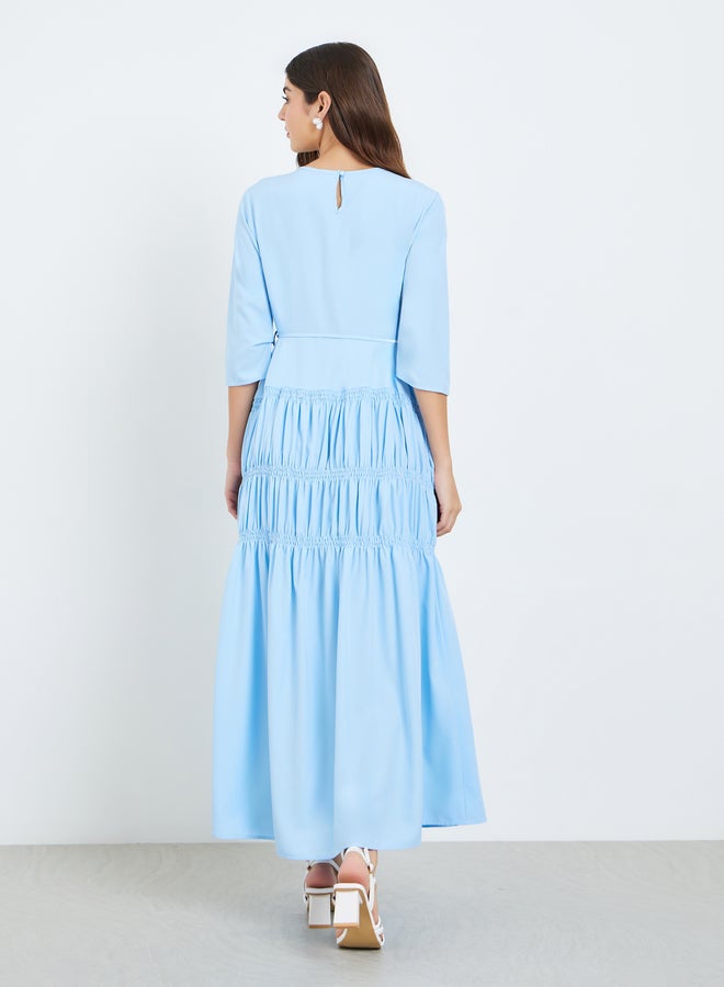 Styli Women Blue Gathered Detail Waist Tie Maxi Dress - Image 4